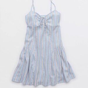 NWOT Aerie Ruched Mini Dress Linen Blue and Red Striped Boho Sun Dress XS